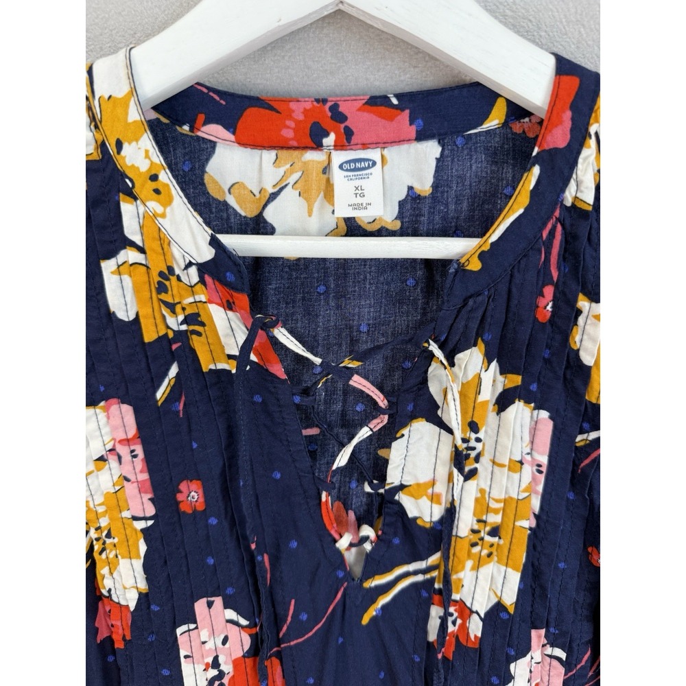 Old Navy Women's Sz XL Multicolor Florals Lace Up Yoke Swing 3/4 Sleeve Dress - Picture 4 of 8